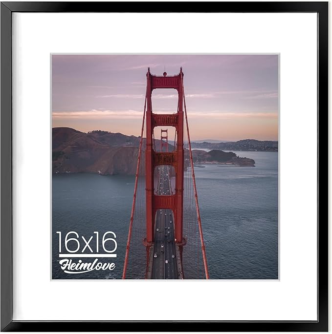 Heimlove 16x16 inch Black Square Picture Frame, 16x16 Aluminum Photo Frame, Standard Square Versatile Wall Display Frames Photo Frames For 12x12 with Mat, Wall Hook Included - (Set of 1 - Black)