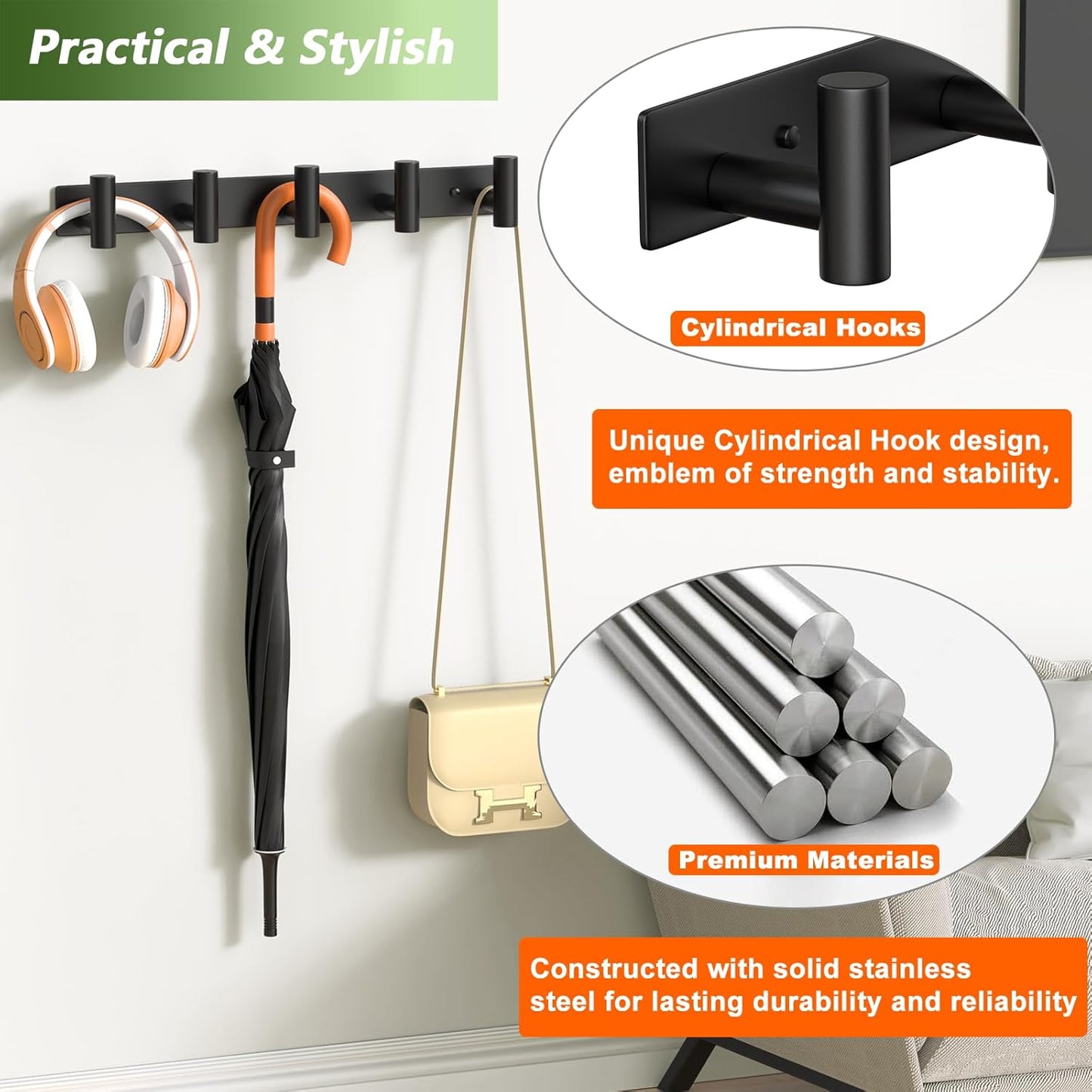 Coat Rack Wall Mounted with 5 Hooks,Metal Wall Hooks for Hanging Towel Coat Bag, Stainless Steel Coat Hooks Hat Rack Coat Hanger Towel Hooks for Entryway Bathroom Kitchen (Black, 2 Packs)
