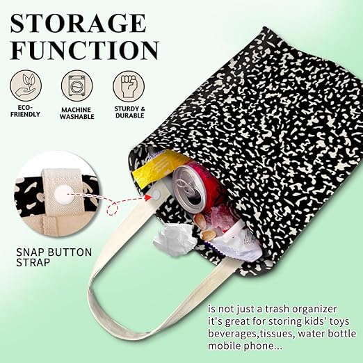 Car Trash Can, Cute Car Trash Bag, Hanging Car Organizer and Storage Bag, Trash Bin for Car Accessories, Vehicle, Travelling, Camping Black White Dots