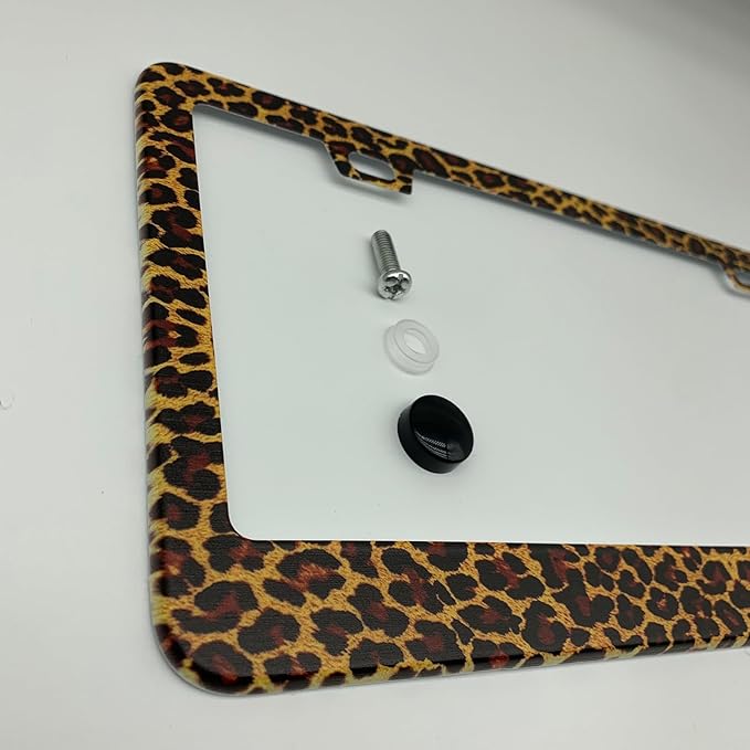 Brown and Black Leopard Cheetah Print License Plate Frame Cover, Matte White Powder Coated Stainless Steel, Animal Print Auto Car Tag Frame with 2 Holes & Free Screws