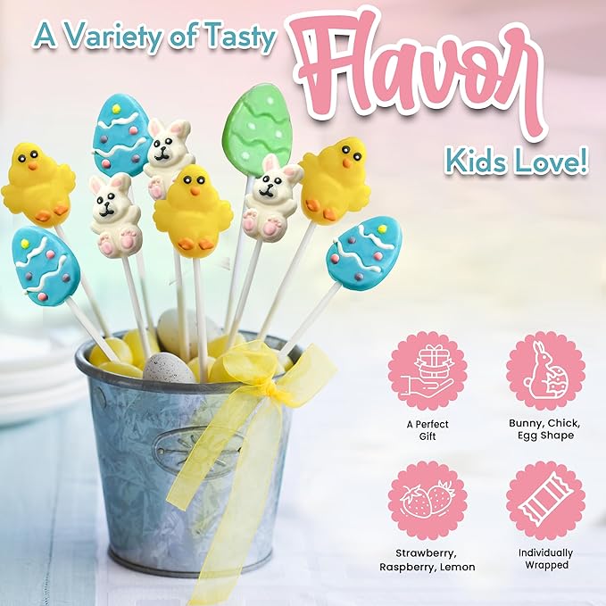 24 Easter Candy Lollipops Individually Wrapped Bulk Variety Pack - Bunny, Chick, Egg - Easter Basket Stuffers - Egg Hunt - Candy Dish (Strawberry, Raspberry, Lemon)