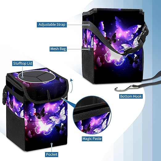 Purple Butterfly Trash Can With Lid - Collapsible Reusable Waterproof Car Garage Bag, Automotive Garbage Can, Accessories Interior Organizer