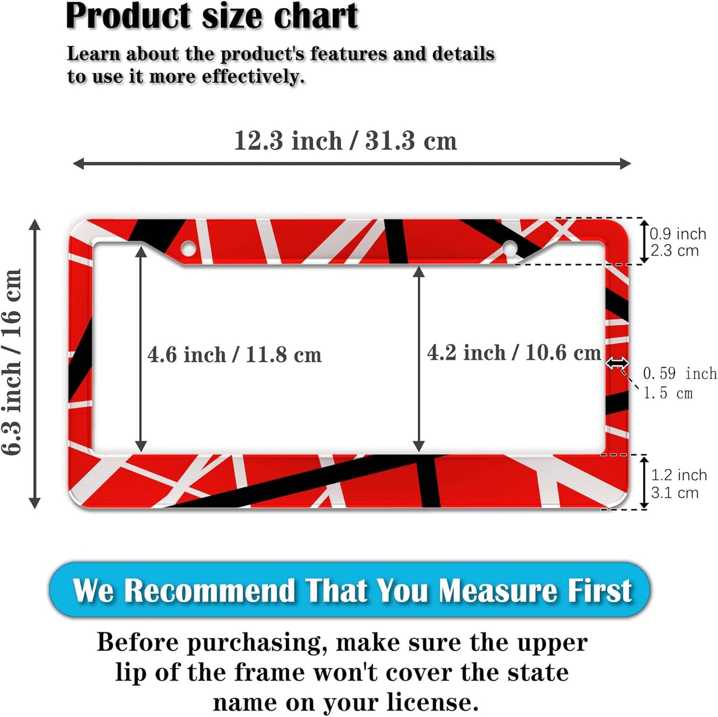 Automotive Exterior Accessories Red, Black, White License Plate Frames Rock Guitarist Red Black White Stripes Aluminum Metal Car Accessory 2 Pack with Screw Covers Set