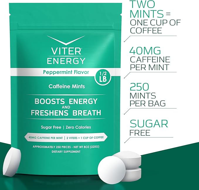 Viter Energy Caffeinated Mints 40mg Caffeine, B Vitamins, Sugar Free. (Peppermint, 8oz, Bulk Bag)