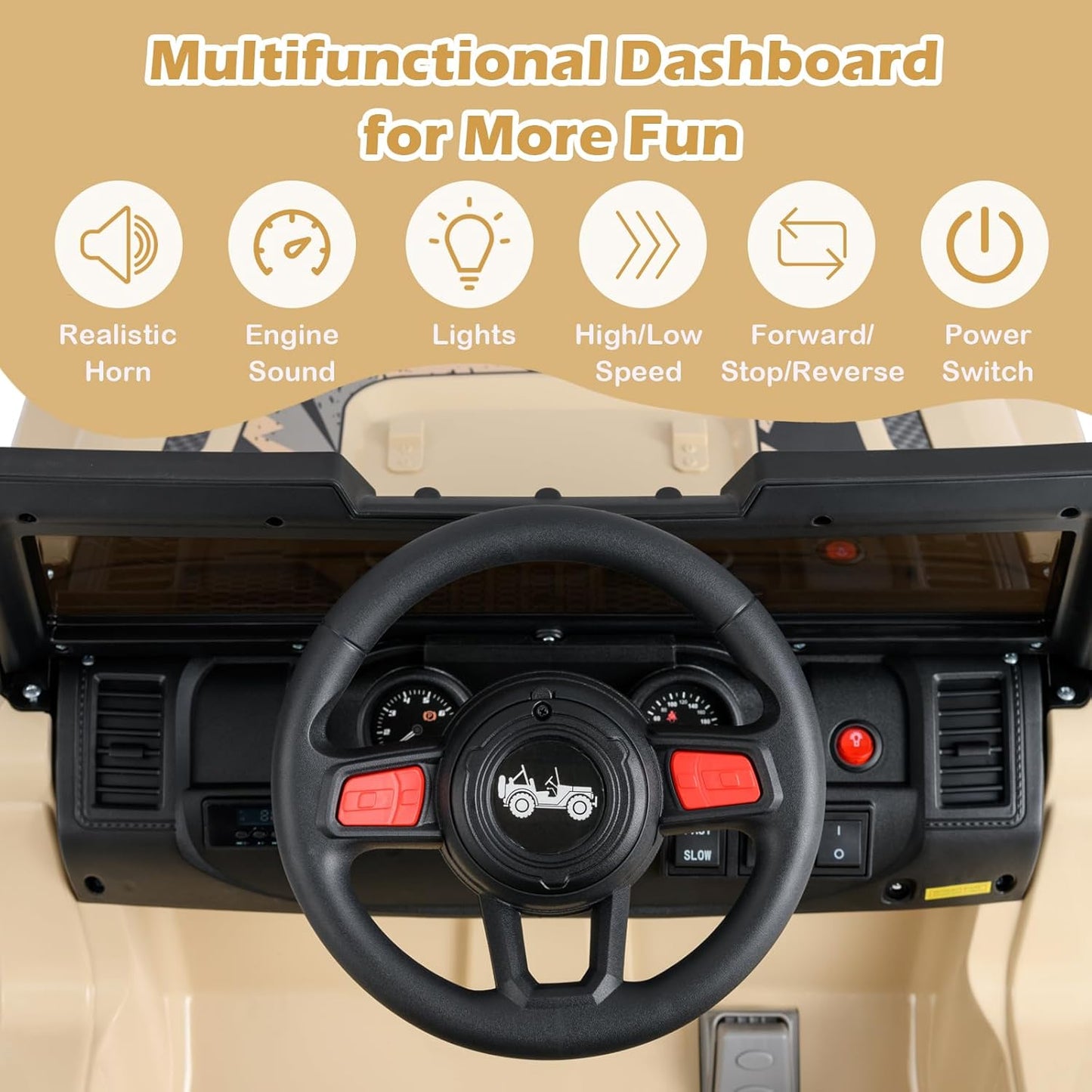 INFANS Kids Ride on Car Truck with 2.4G Remote Control, 12V Battery Powered Electric Cars for Kids w/3 Speeds, Battery Display, LED Lights, Safety Belt, Music & Horn, Bluetooth/FM/USB (Khaki)