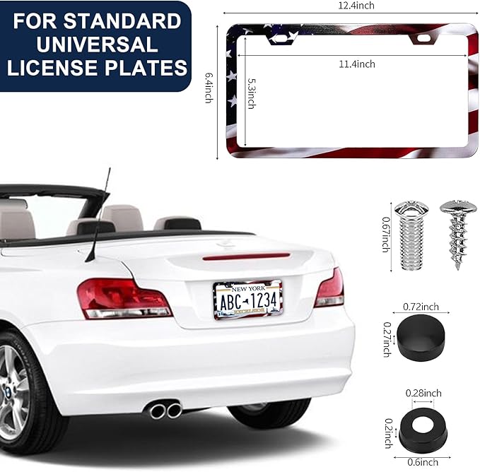 LIN KANG Patriotic American Flag License Plate Frame Holder - 2 Pack Universal Aluminum Matte Stripe US Flag Gloss Car Plate Frame Covers with 2 Holes and Screws Fasteners Caps