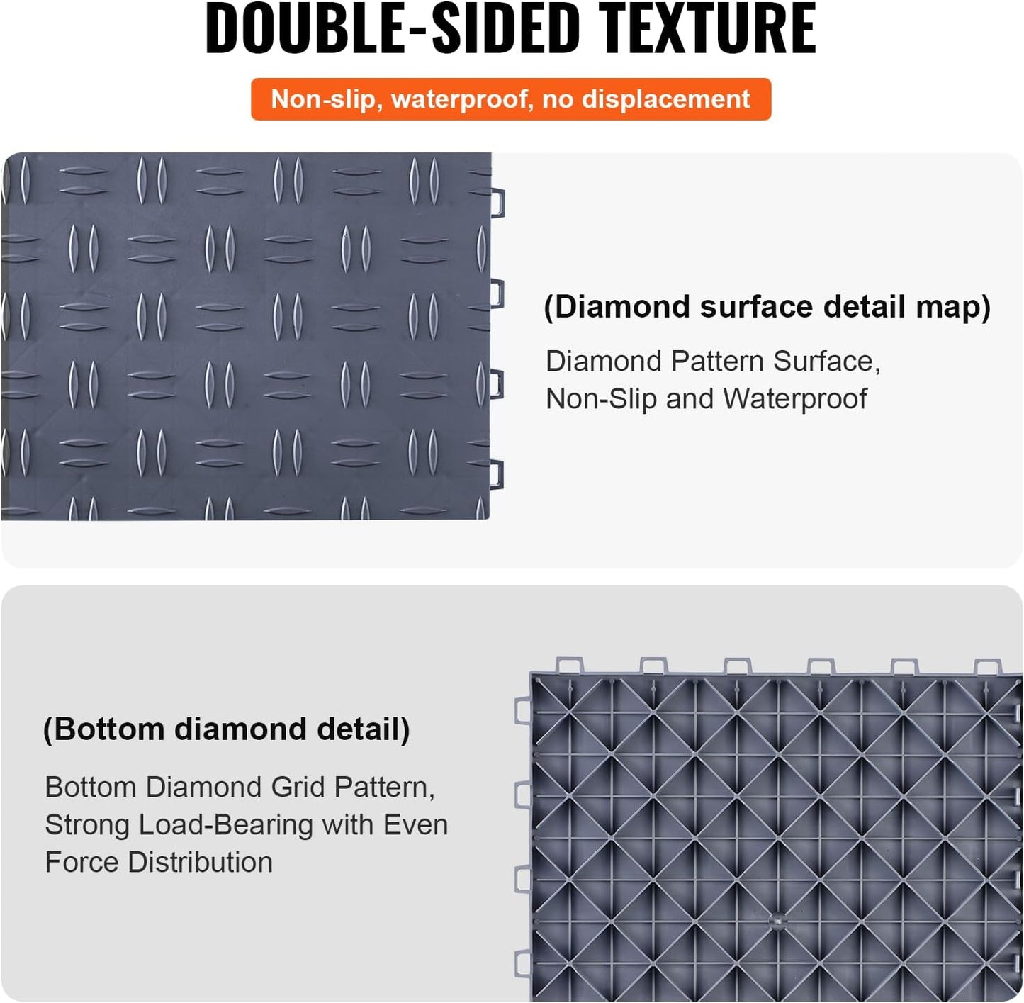 VEVOR Garage Tiles Interlocking, 12 x 12 x 0.53 inch 50 Pack Garage Floor Covering Tile, Non-Slip Double-Sided Texture Garage Flooring Tiles, for Garages, Basements, Repair Shops, Graphite Gray