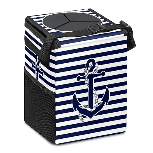 Car Trash Can Nautical Navy Blue Anchor Auto Garbage Bag Car Trash Can with Lid Leak-Proof Car Storage Bag Auto Garbage Bag Hanging for Headrest Collapsible and Portable with Storage Mesh Pocket