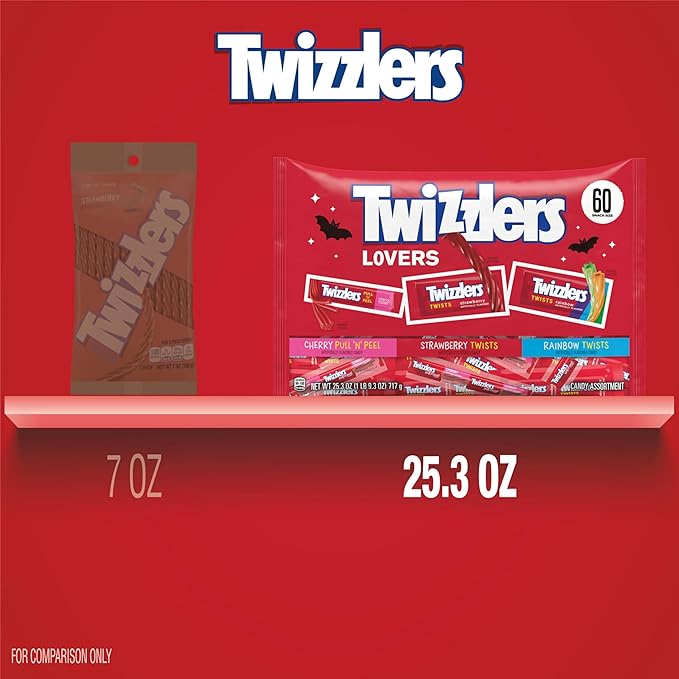 TWIZZLERS Assorted Fruit Flavored Snack Size Chewy, Halloween Candy Bag, 25.3 oz (60 Pieces)