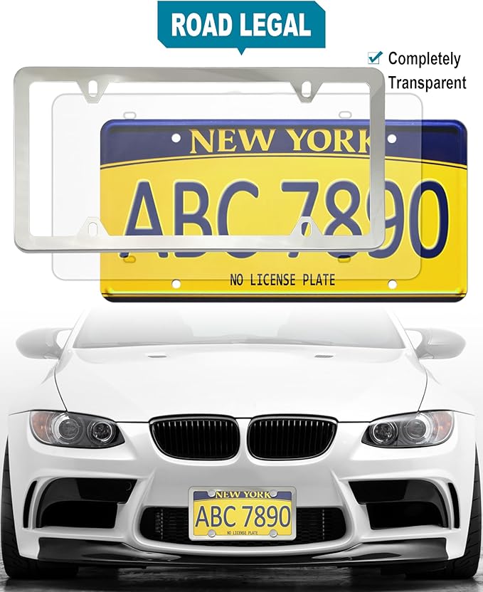 Clear License Plate Frames Covers- 2 Pack Flat Car Tag Protector and Stainless Steel Chrome Holder, Road Legal Unbreakable Acrylic Protective Shield with Screws Caps for Front Rear