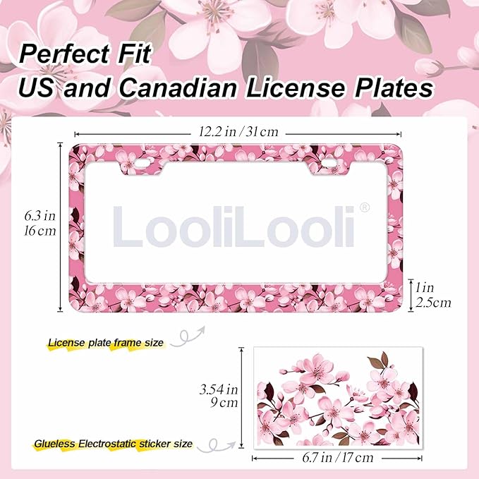 2pcs Pink Cherry Blossom License Plate Frame for Women, Pink Flower Flora Car Tag Frames Girly for Vehicle with Non Adhesive Electrostatic Sticker