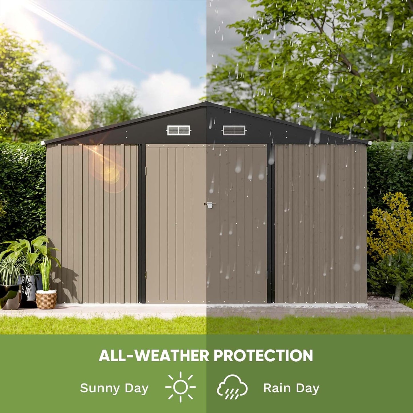 Patiowell 10 x 8 FT Outdoor Storage Shed, Large Garden Tool Metal Shed with Sloping Roof and Double Lockable Door, Outdoor Shed for Backyard Garden Patio Lawn, Brown