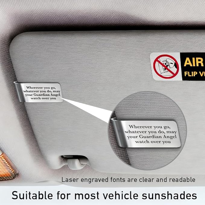 May Your Guardian Angel Watch Over You Engraved Stainless Steel Car Visor Clip, New Driver Gifts for Women Men, Funny Safe Driving Gifts for Family Friend, God Prayer Present for Religious