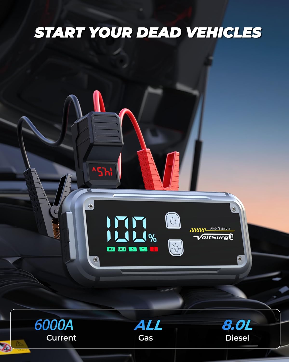 6000A Car Jump Starter, 12V Battery Jumper Starter Portable (up to All Gas 8.0L Diesel Engine) Large LCD Display Battery Charger Pack with QC3.0 and 4 LED Light Modes