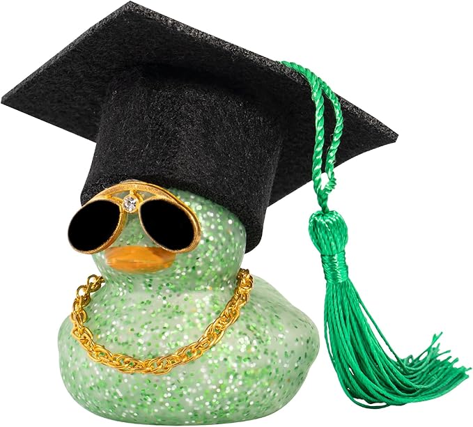 wonuu Car Dashboard Decor Graduation Hat Color Rubber Duck, Car Ducks Ornaments with Mini Graduation Hat Necklace Sunglasses (Light Green)