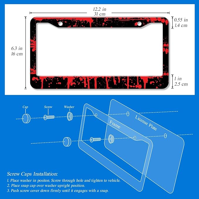 2PCS Red Blood Pattern License Plate Frames for Men Women - Universal Aluminum Stainless Steel Personalized Car Tag Covers Holder with Screws, Caps, Rattle Proof Pads and Handlebar Stickers