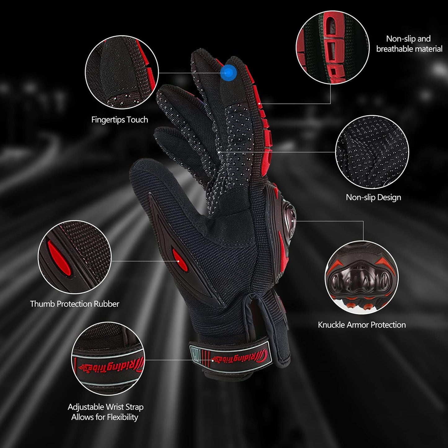 Motorcycle Gloves for Men and Women Full Finger Touchscreen Mountain Dirt Bike Gloves for Powersports BMX ATV MTB Driving Motocross Cycling Gloves(L, Red)