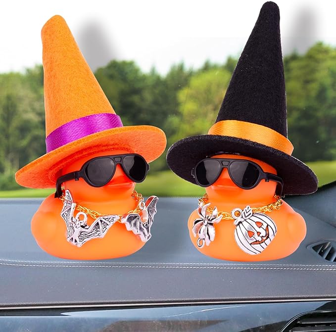Car Rubber Duck Ornaments Halloween Duck Car Dashboard Decorations with Mini Witch Hat Sunglasses Necklace Halloween Accessories for Halloween Themed Gifts(W14)