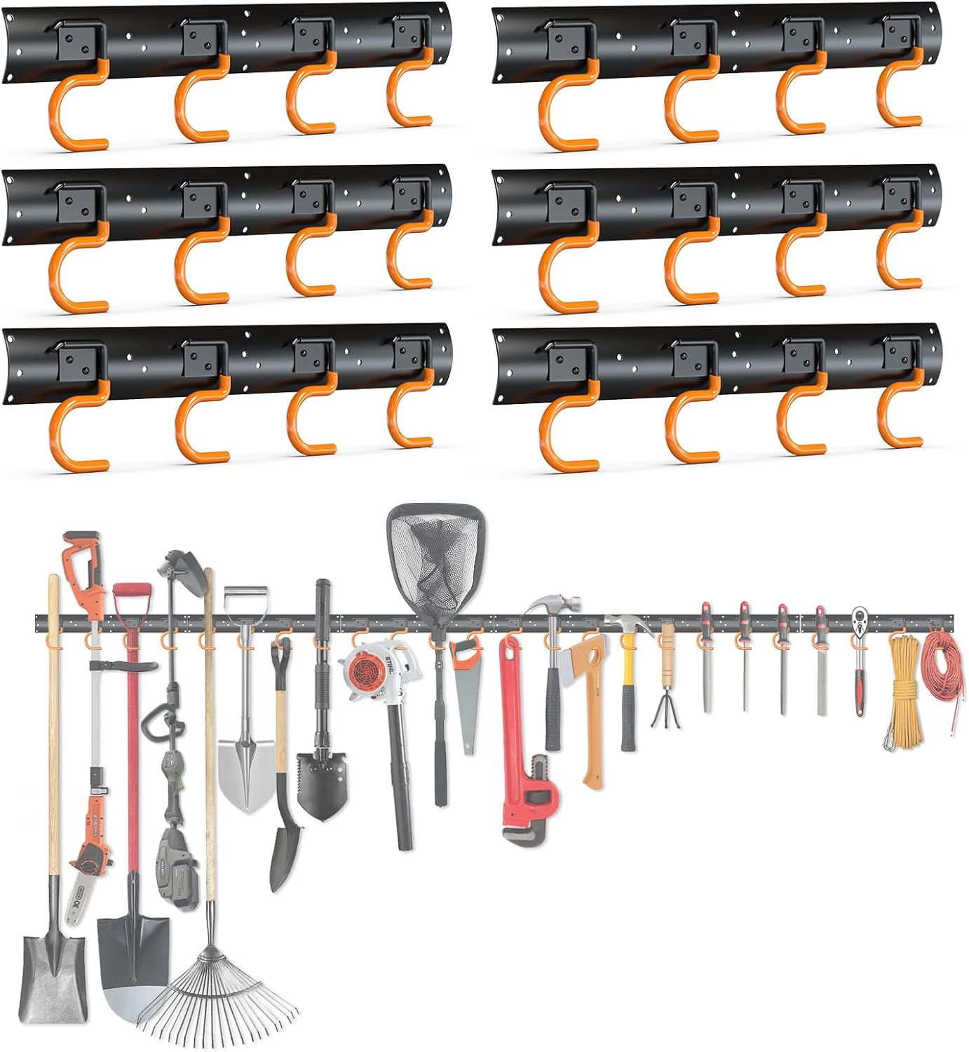 3-H 6×16" All Metal Garden Tool Organizer Wall Mount, Broom Holder Wall Mount for Garage, Shed, Garden, Basement Hanging and Organizing Rake, Mop, Shovel, Hose (6Pack)