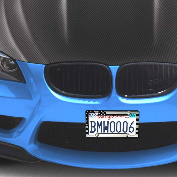 AOOTF American Flag License Plate Frame - USA Aluminum Metal License Plate Cover Auto Car Truck Tag Holder Thin Blue Line Black and White Stripes with Screws,Anti-Rattle Foam Pad