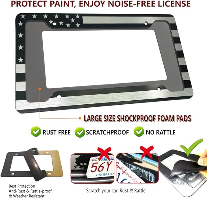 AOOTF American Flag License Plate Frame - USA Aluminum Metal License Plate Cover Auto Car Truck Tag Holder Thin Blue Line Black and White Stripes with Screws,Anti-Rattle Foam Pad