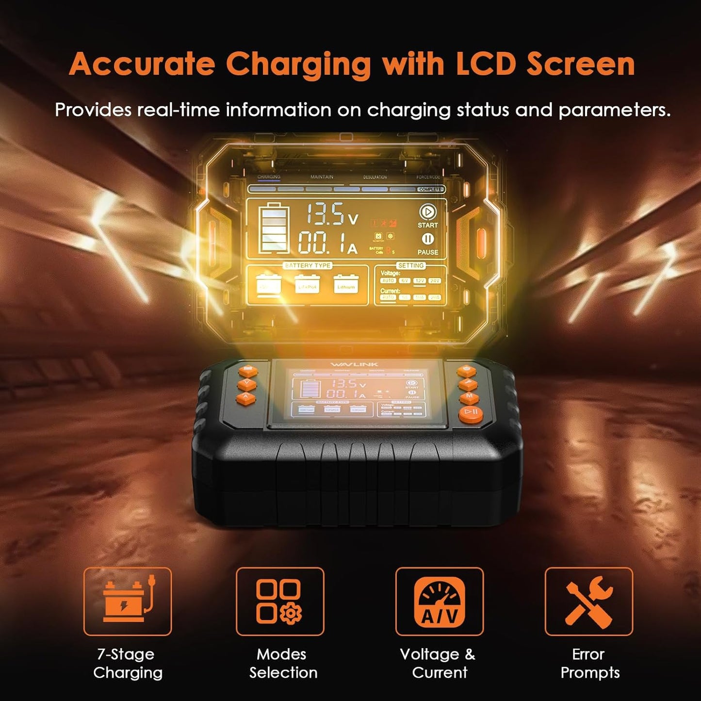 WAVLINK Smart Battery Charger, 20-Amp, Car Battery Charger with LCD Display, for 6V/12V/24V Lead-Acid/Lithium/LiFePO4 Batteries, Trickle Battery Maintainer and Desulfurizer for Car, Boat, Motorcycles