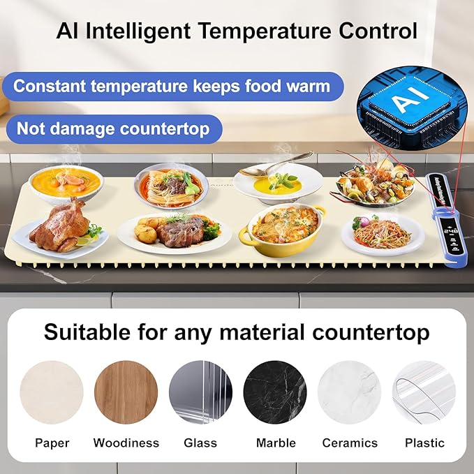 Silicone Food Warmers for Parties Buffet XL:32''X15'' Extra Large Warming Mat for Food 450W Max 248°F Portable Rolled-up Even Heating in 8S 9-Level TEMP Auto Power Off-Beige