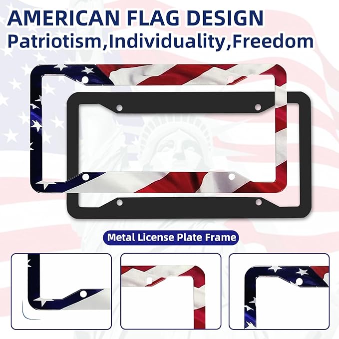 LIN KANG American Flag License Plate Frame Holder - 2 Pack Universal Aluminum Matte Stripe US Flag Gloss Patriotic Car Plate Frame Covers with Free Screws Fasteners Caps