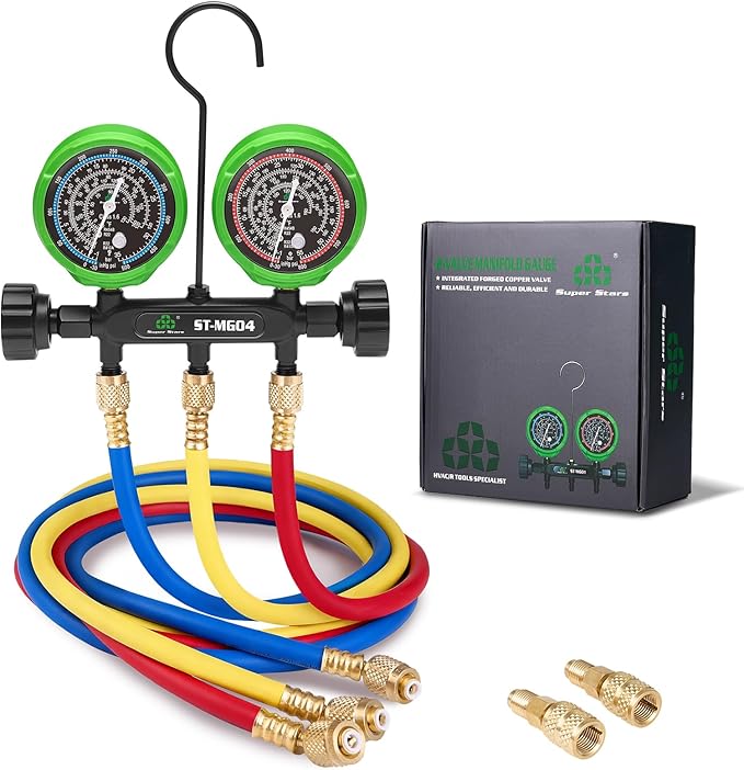 Super Stars A2L Manifold Gauge Set, (psi °F) R32/454B/410A/R22, 3-1/8" Gauges with 60 inches Hoses