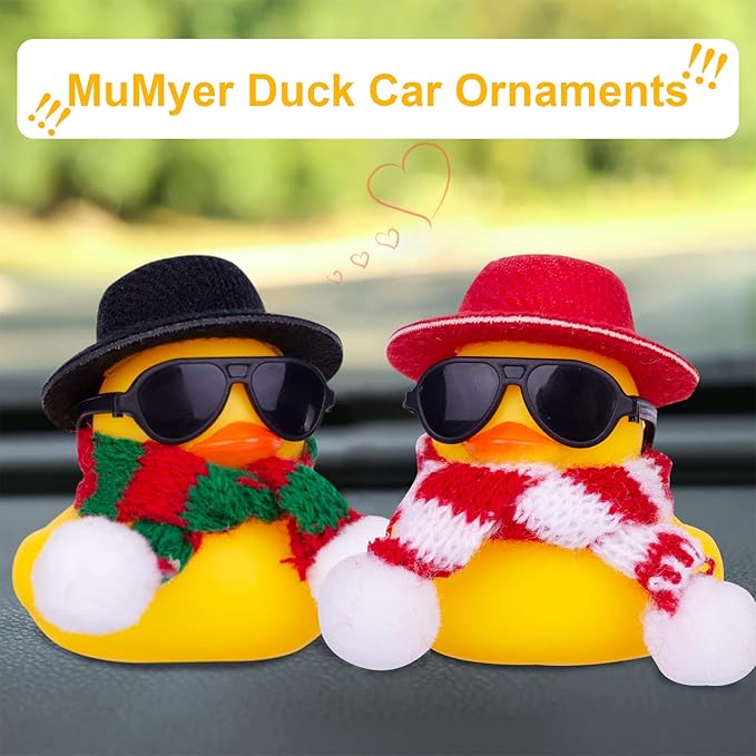 Rubber Duck Car Ornaments 2Pack Winter Duck Car Dashboard Decorations for Christmas Decor and Home Decorations with Mini Hat Scarf and Sunglasses(B)