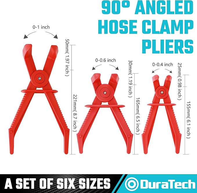 DURATECH 6-Piece Hose Clamp Pliers, Straight & 90 Angled Hose Pinch Off Pliers, Line Clamp Pliers Set for Flexible Hoses, Fuel Hoses, Gas Lines, Brake Hoses and Radiator Hoses