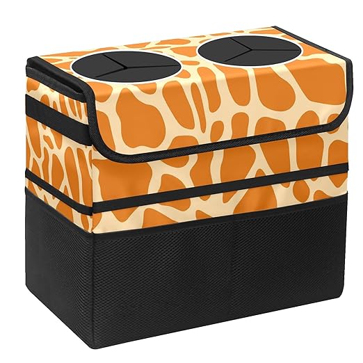 Car Trash Can Orange Giraffe Print Large Storage Garbage Can with Lid Hanging for Back Seat Leakproof Automotive Vehicle Trash Bin