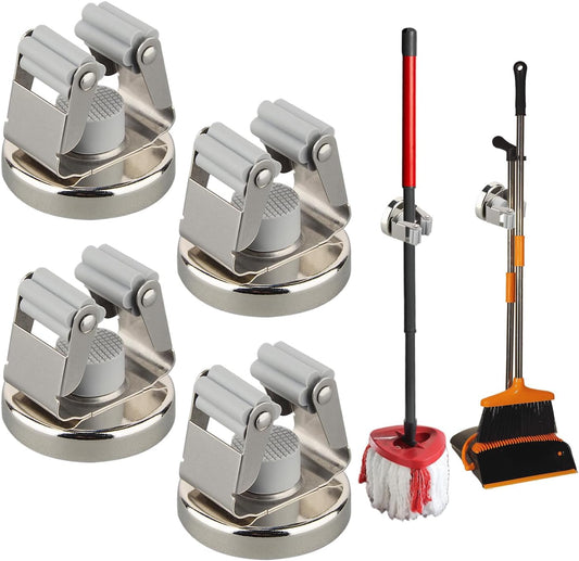 MUTUACTOR Magnetic Broom Holders,4pcs Sturdy Heavy Duty Magnetic Clips Wall Mount,10lbs No Drilling Anti-broken Magnetic Hooks Broom Mop Brackets for Work Cargo Garage Laundry Van Accessories