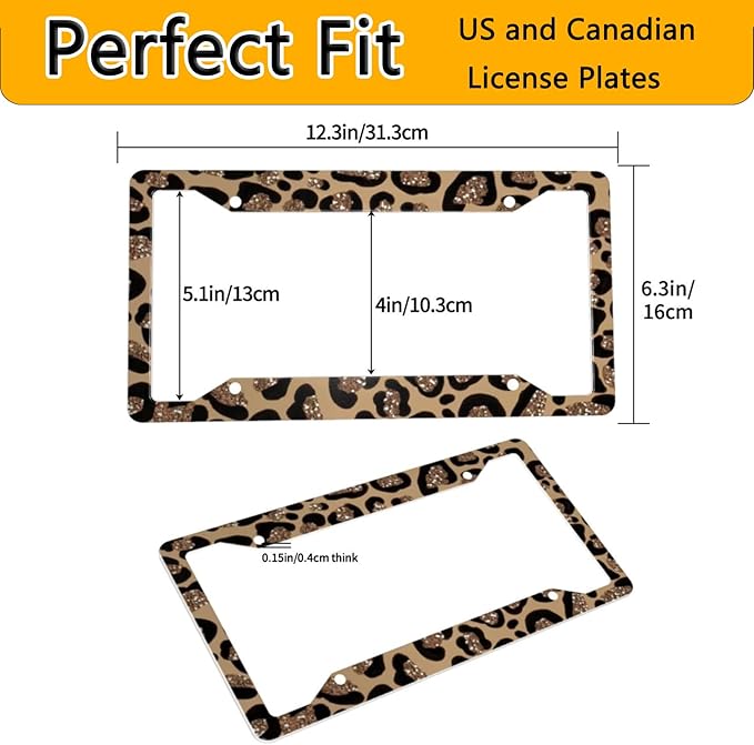 License Plate Frame 2 Pack Front Rear Aluminum Metal Rust-Proof Universal Car Tag Frames Holder with 4 Holes Car Decor Accessory with Screws for Men Women - Vintage Brown Gold Leopard