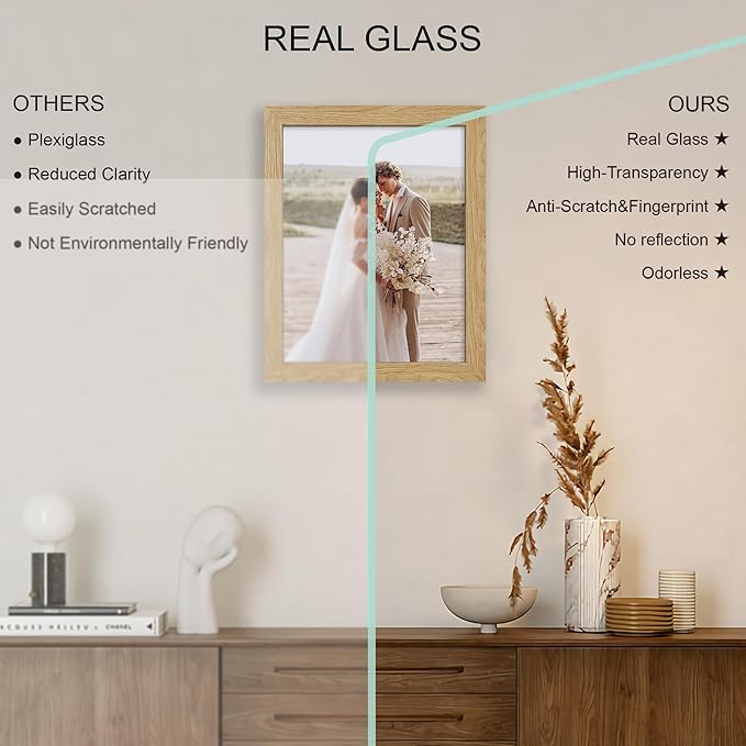 10x13 Picture Frame Set of 4, Made of Real Glass and Natural Oak Frame, 10 by 13 Photo for Wall or Tabletop - Display Picture 8.5x10 with Mat or 10x13 Without Mat