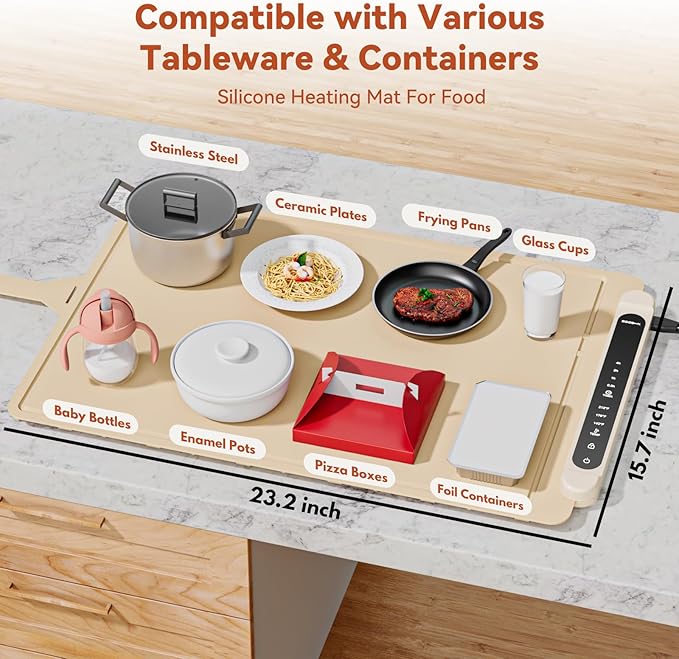 Food Warming Mat Electric Tray: Adjustable Silicone Heating Pad with 3 Temperature Settings 4 Timer Function Portable Roll Up Hot Plate for Buffets Party Gatherings Kitchen Warmer Countertop Holiday