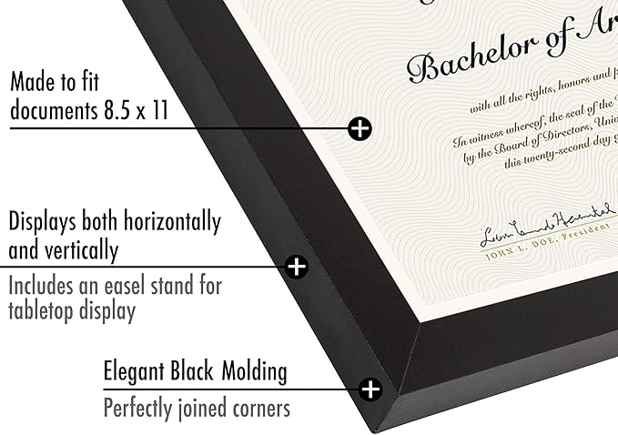 Americanflat 8.5x11 Diploma Frame in Black with Shatter Resistant Glass - Horizontal and Vertical Formats for Wall and Tabletop
