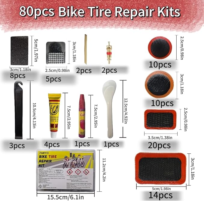 Bike Tire Repair Kit, 80 PCS Bike Tube Patch Kit with Bike Tire Levers, Bike Tire Patch and Tire Repair Glue, Bike Patch Kit for Mountain and Road Bike