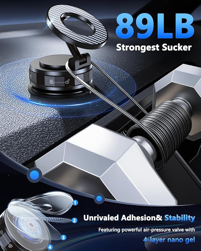 Vacuum Magnetic Car Phone Holder for Mag-Safe [89+LBS Suction & 3200gf Magnetic] 360° Adjustable Ultra Suction Cup Phone Holders for Your Car, Car Mount for iPhone 17 Pro Max 16 15 14 13 12 Air Plus