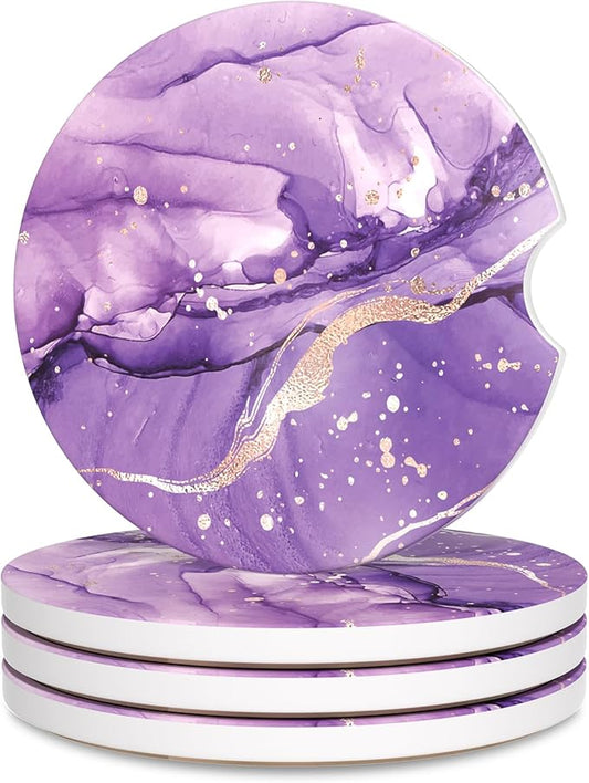 Car Cup Holder Coaster, Car Coasters for Cup Holders, 4 Pack Universal Anti Slip Insert Absorbent Ceramic Auto Interior Accessories with A Finger Notch & Cork Base, Purple Marble