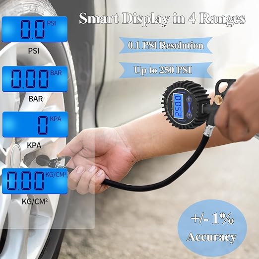 Digital Tire Pressure Gauge with Inflator, 250 PSI Heavy Duty Air Chuck Air Compressor Attachments, Improved Leaks Protection & Extended Hose Tire Gauge, 0.1 Display Resolution (Standard)