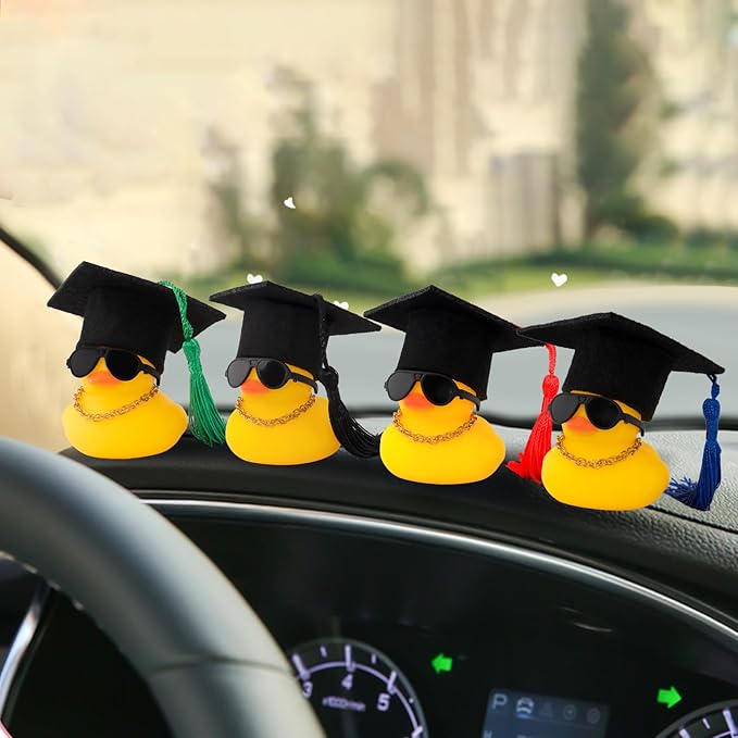 wonuu Car Dashboard Decor Graduation Hat Rubber Duck, Car Ducks Ornaments with Mini Hat Necklace Sunglasses Scarf (Green)