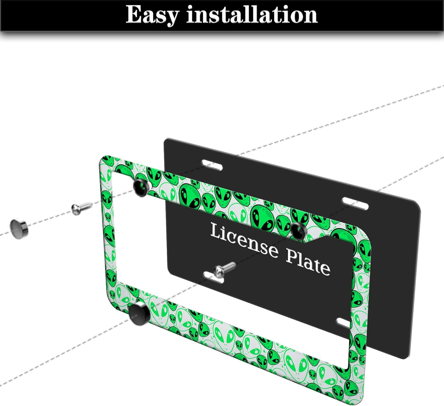 License Plate Covers for Men Green License Plate Frames for Women Alien Universal Aluminum Car Accessory 2 Pack with Screw Covers Set