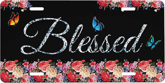 Front License Plate Blessed Glitter Floral Butterfly Vanity Plates Aluminum Metal Decorative Car Tag Novelty License Plate Cover for Men Women ‎6 * 12 in (4 Holes)