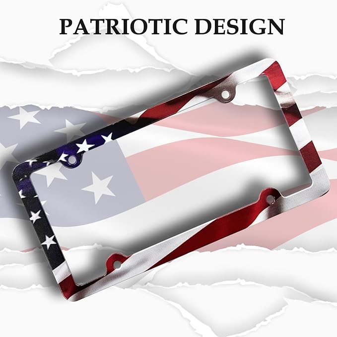 LIN KANG American Flag License Plate Frame Holder - 2 Pack Patriotic Universal Aluminum Matte Stripe US Flag Gloss Car Plate Frame Covers with 4 Holes and Screws Fasteners Caps