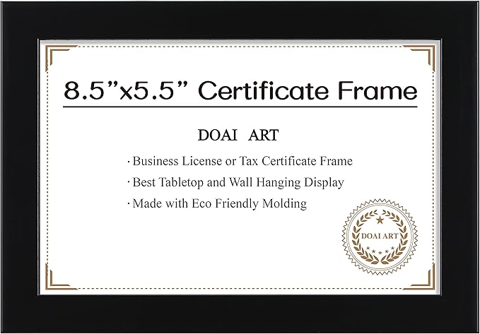 DOAI ART 8.5 x 5.5 Business License Frame Black, Professionals 5.5 x 8.5 Certificate Frames Fit Diploma, Document and Tax Certificate Self Standing with Wall Hangers