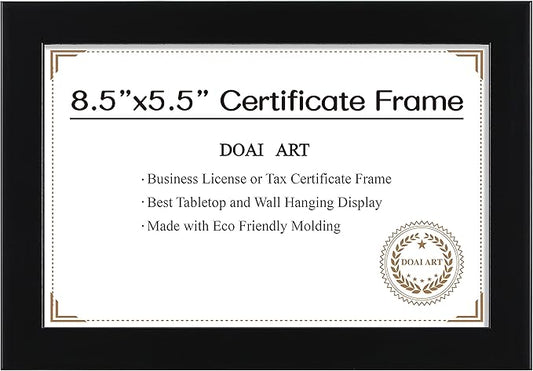 DOAI ART 8.5 x 5.5 Business License Frame Black, Professionals 5.5 x 8.5 Certificate Frames Fit Diploma, Document and Tax Certificate Self Standing with Wall Hangers