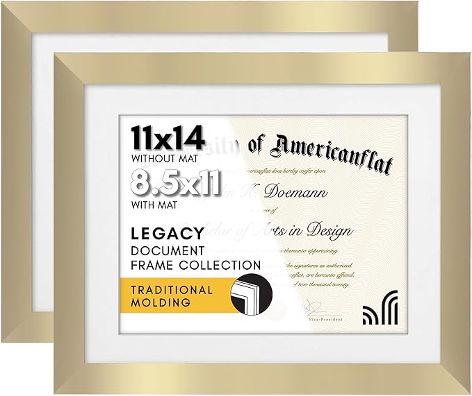 Americanflat 11x14 Gold Diploma Frame - Displays 8.5x11 Diplomas with Mat or 11x14 Inch Without Mat - Shatter-Resistant Glass. Hanging Hardware Included! (2 Pack)