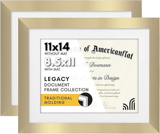 Americanflat 11x14 Gold Diploma Frame - Displays 8.5x11 Diplomas with Mat or 11x14 Inch Without Mat - Shatter-Resistant Glass. Hanging Hardware Included! (2 Pack)