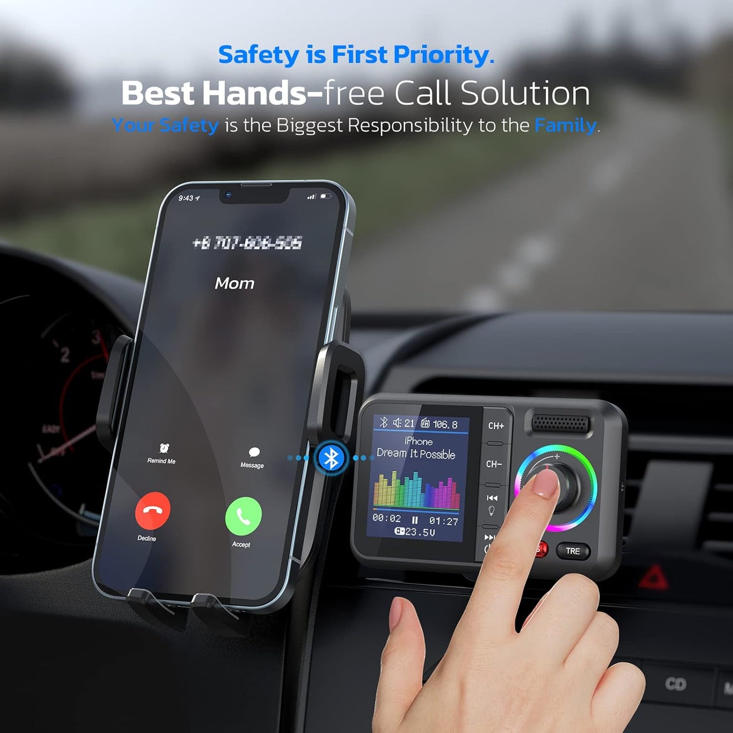 Nulaxy Bluetooth FM Transmitter for Car, Wireless Car Bluetooth V5.0 Adapter with Big Color Screen, Support QC3.0 Fast Charging, Hands-Free Call, MP3 Music Player BASS&TRE Booster, TF Card AUX-KM28